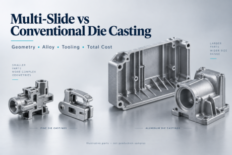 Illustrative zinc components and aluminum housings for a die casting process comparison.