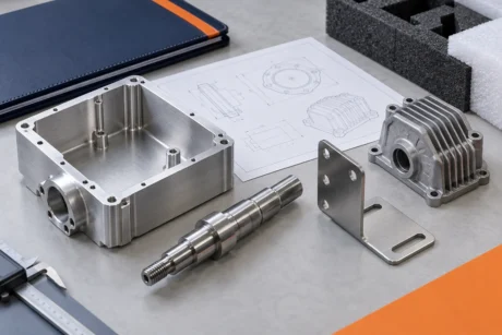 Machined housing, turned shaft, bent bracket, and cast housing beside drawings and protective packaging.