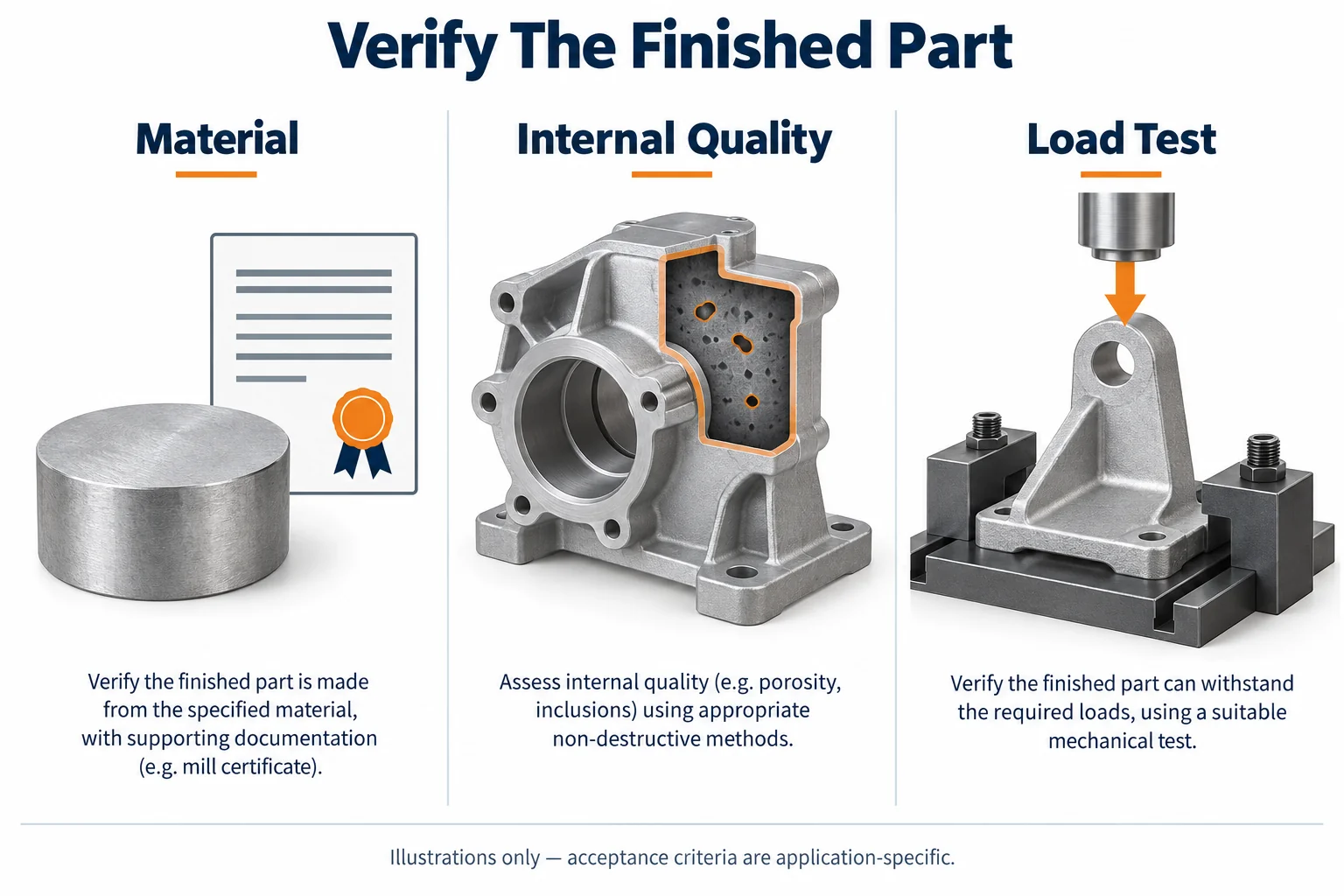 Three conceptual checks for die-cast parts: material documentation, internal quality, and mechanical load testing.