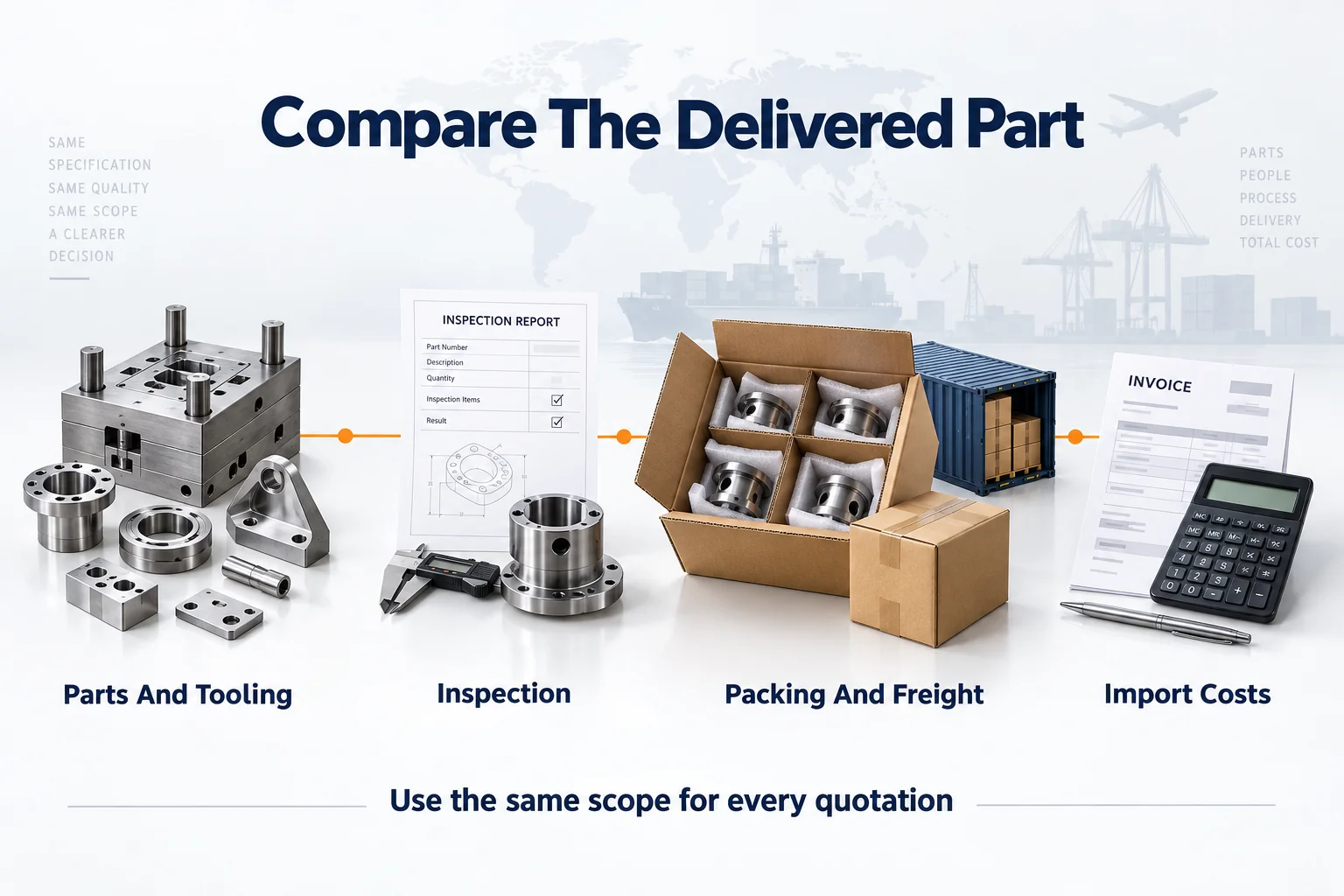 Parts and tooling, ispezione, packing and freight, and import costs shown as quotation comparison categories.