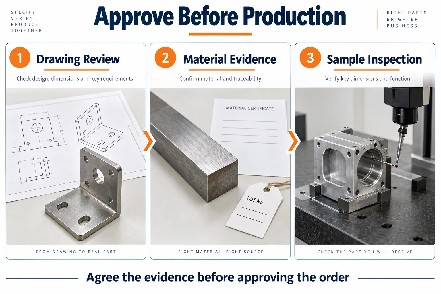 Drawing review, material evidence, and sample inspection illustrated in three panels.