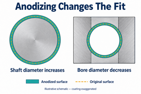 Illustrative cross sections showing an anodized shaft increasing in diameter and an anodized bore decreasing in diameter