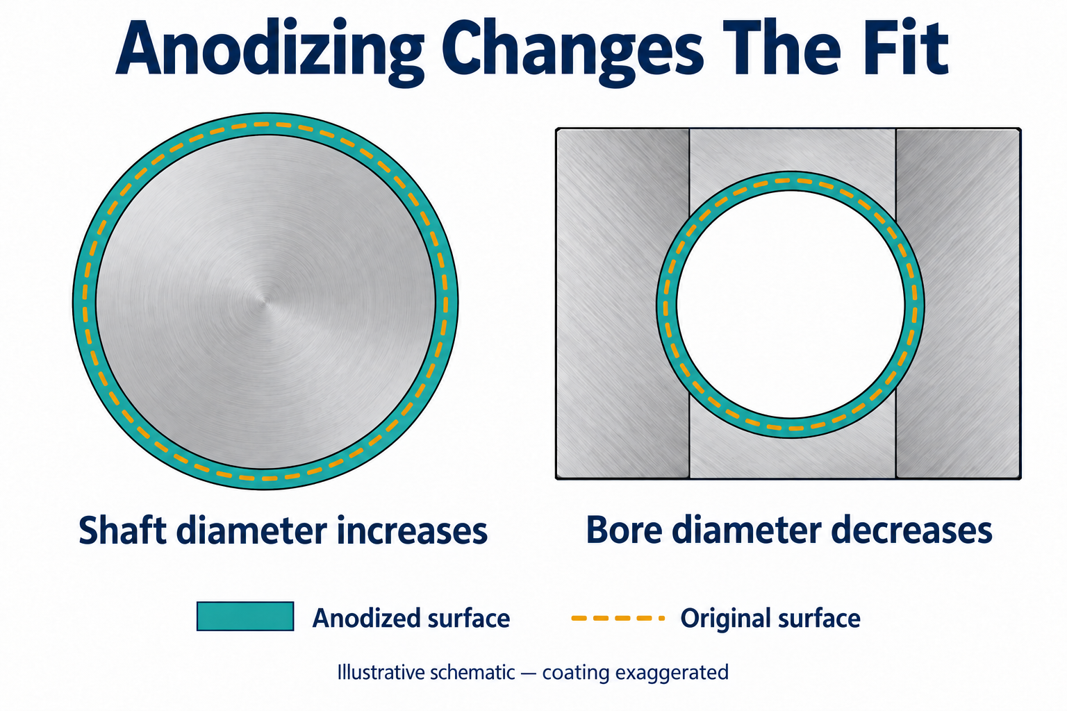 Illustrative cross sections showing an anodized shaft increasing in diameter and an anodized bore decreasing in diameter
