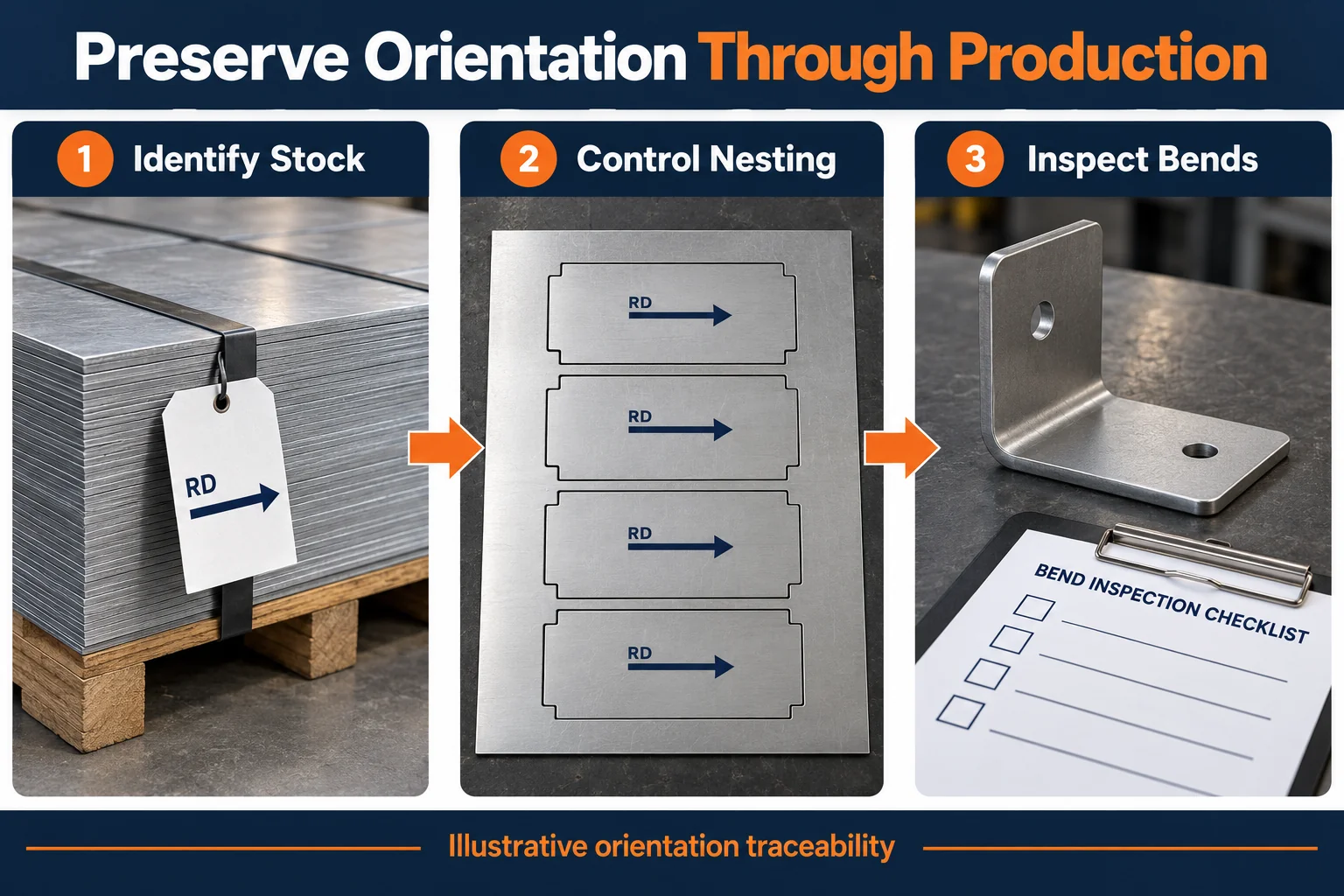 Illustrative stock identification, cutting layout, and formed-part inspection workflow.