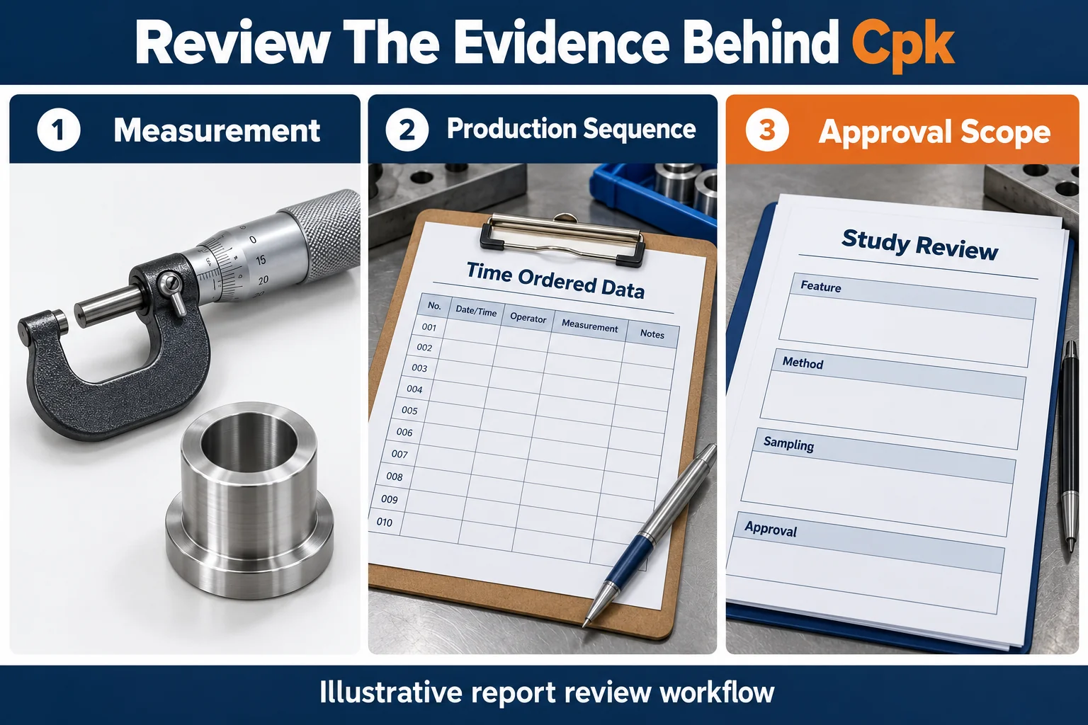 Illustrative review of measurements, process sequence, and study records.