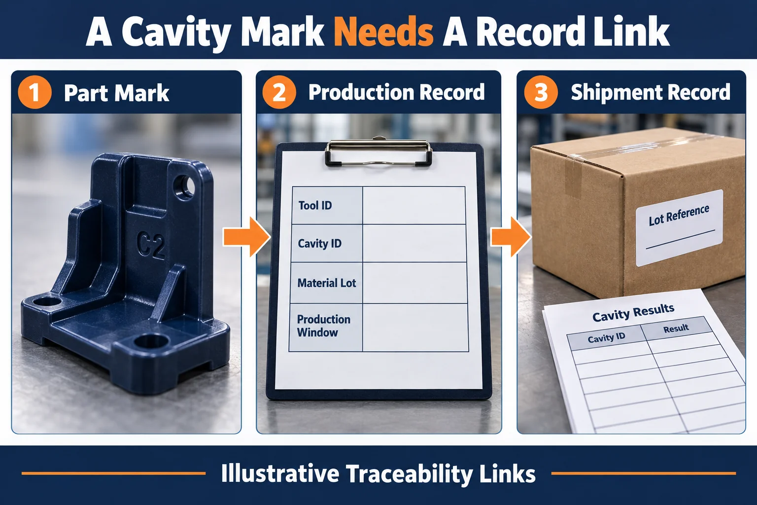 Illustrative link between a C2 part mark, production records, and shipment lot records with no actual data.