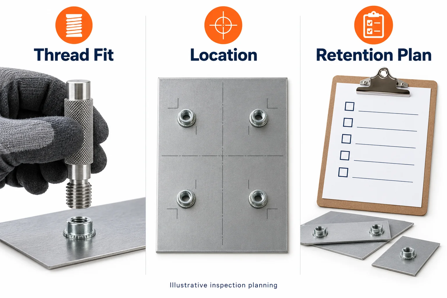Illustrative thread gauging, fastener location, and retention inspection planning.