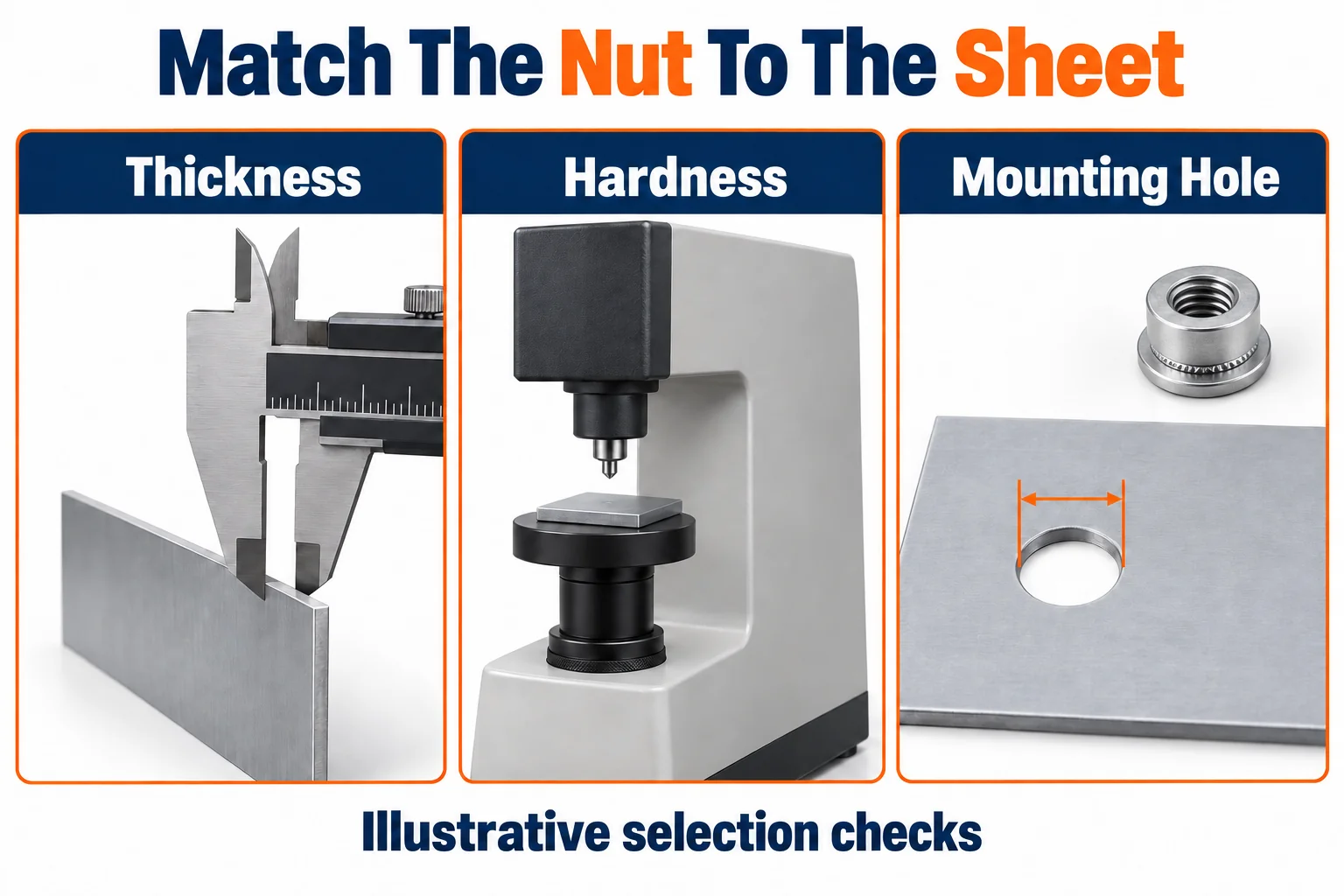 Illustrative sheet thickness, hardness, and mounting-hole selection checks.