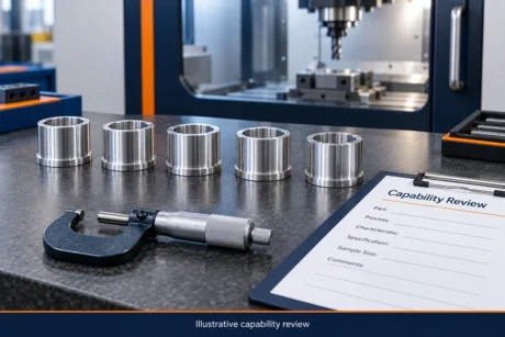 Illustrative machined bushings, micrometer, and blank capability review record.