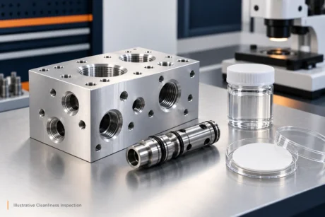 Illustrative machined manifold and valve component beside a sample vessel and inspection membrane.