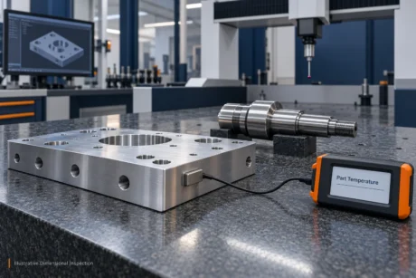 Illustrative machined plate and shaft beside a contact temperature sensor and generic CMM.