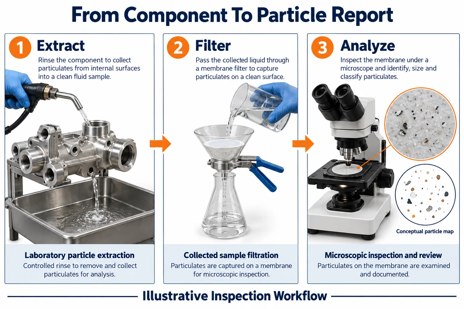 Illustrative component particle extraction, membrane filtration, and microscopic analysis sequence.