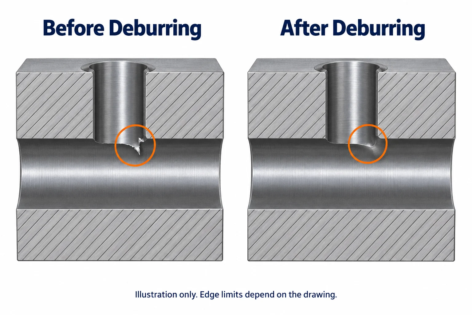 Before and after conceptual cutaways of burr removal at an intersecting bore.
