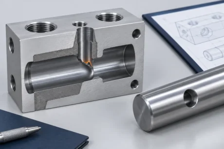 Cutaway manifold and cross-drilled shaft illustrating an internal bore intersection.