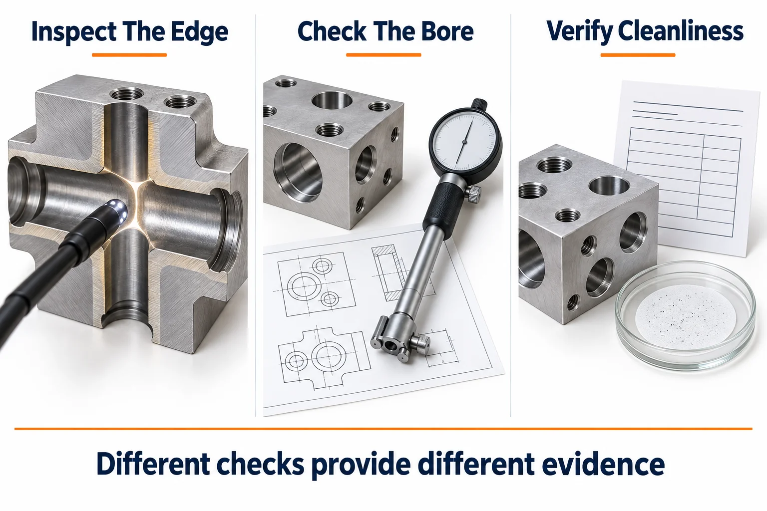 Conceptual internal edge inspection, bore measurement, and cleanliness analysis.