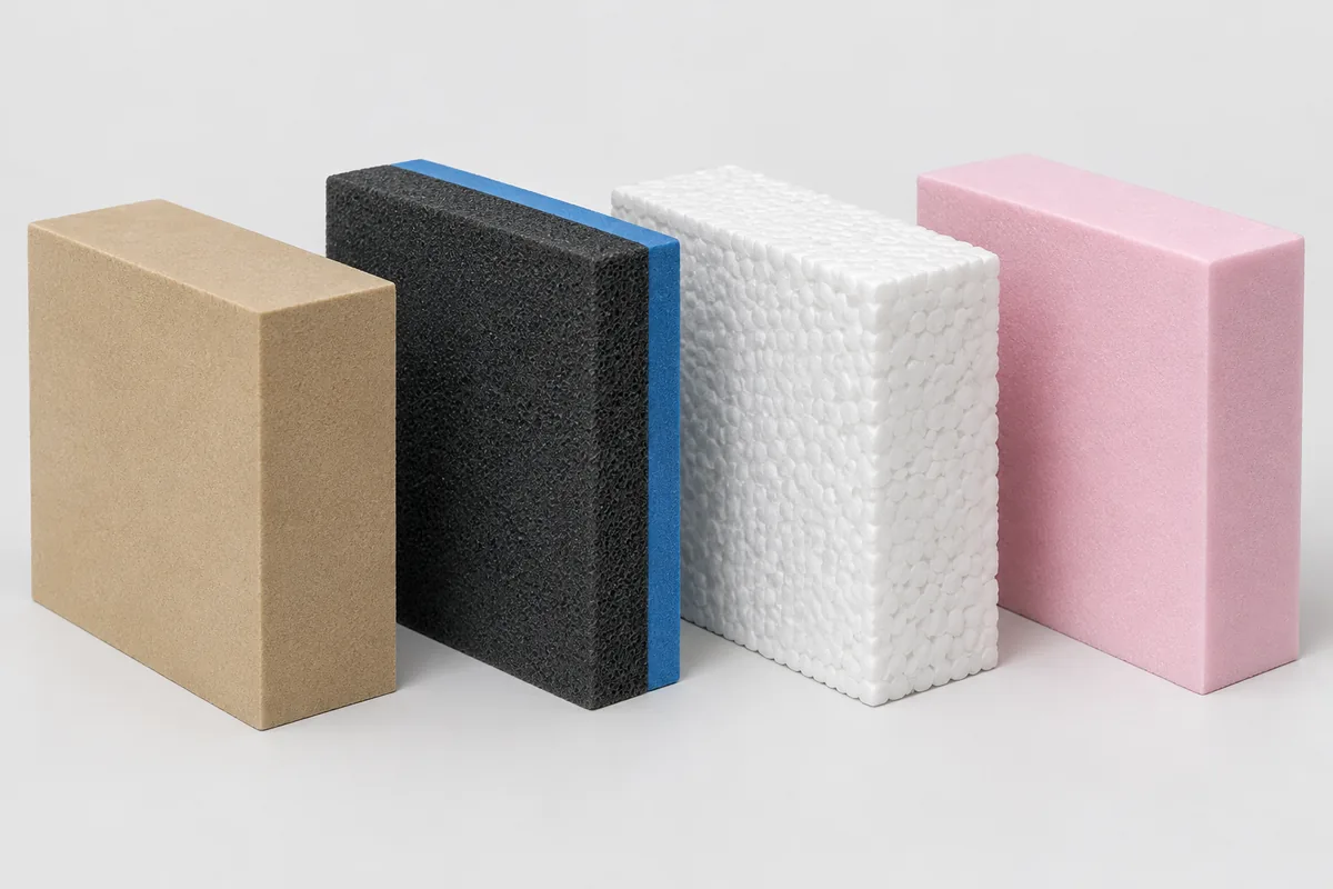 Brown rigid tooling board, charcoal flexible foam, white EPS and pink XPS blocks