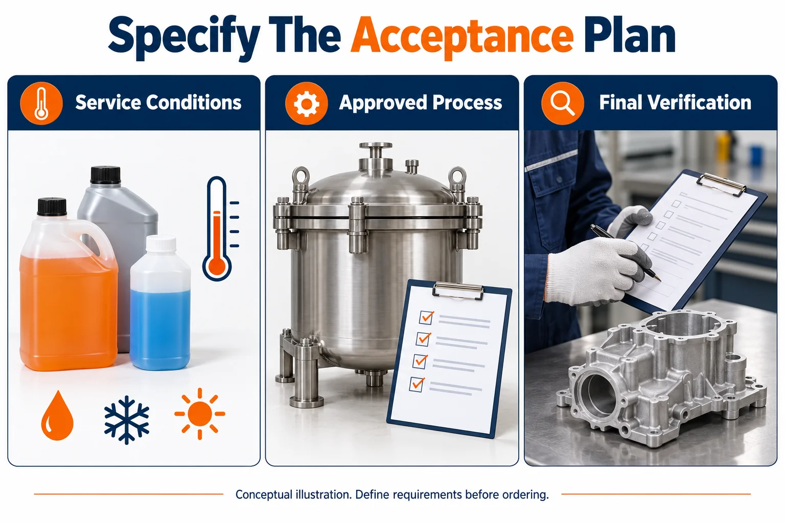 Conceptual service conditions, approved processing, and final record verification.