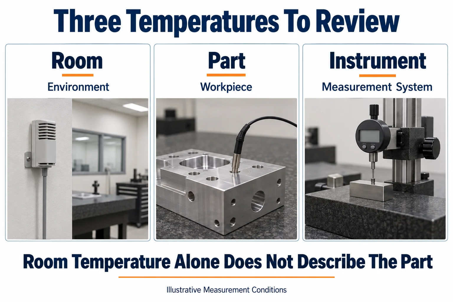 Illustrative distinction between inspection room, workpiece, and measurement-system temperatures.