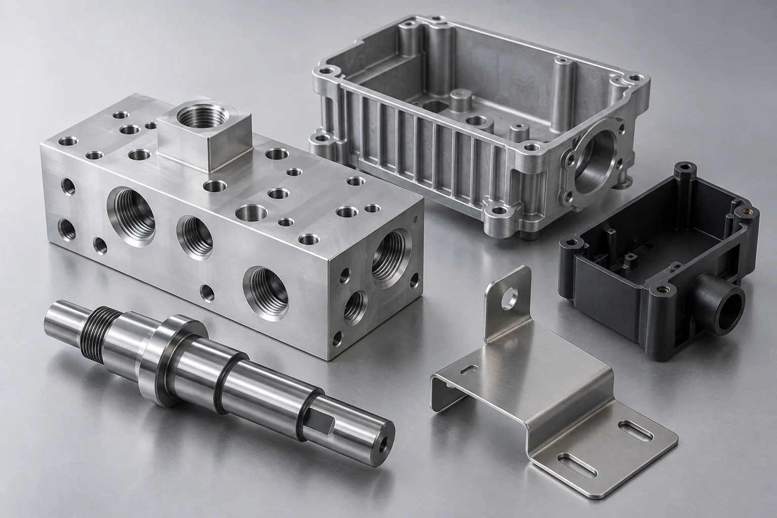 Machined manifold, precision shaft, cast housing, sheet metal bracket and molded enclosure