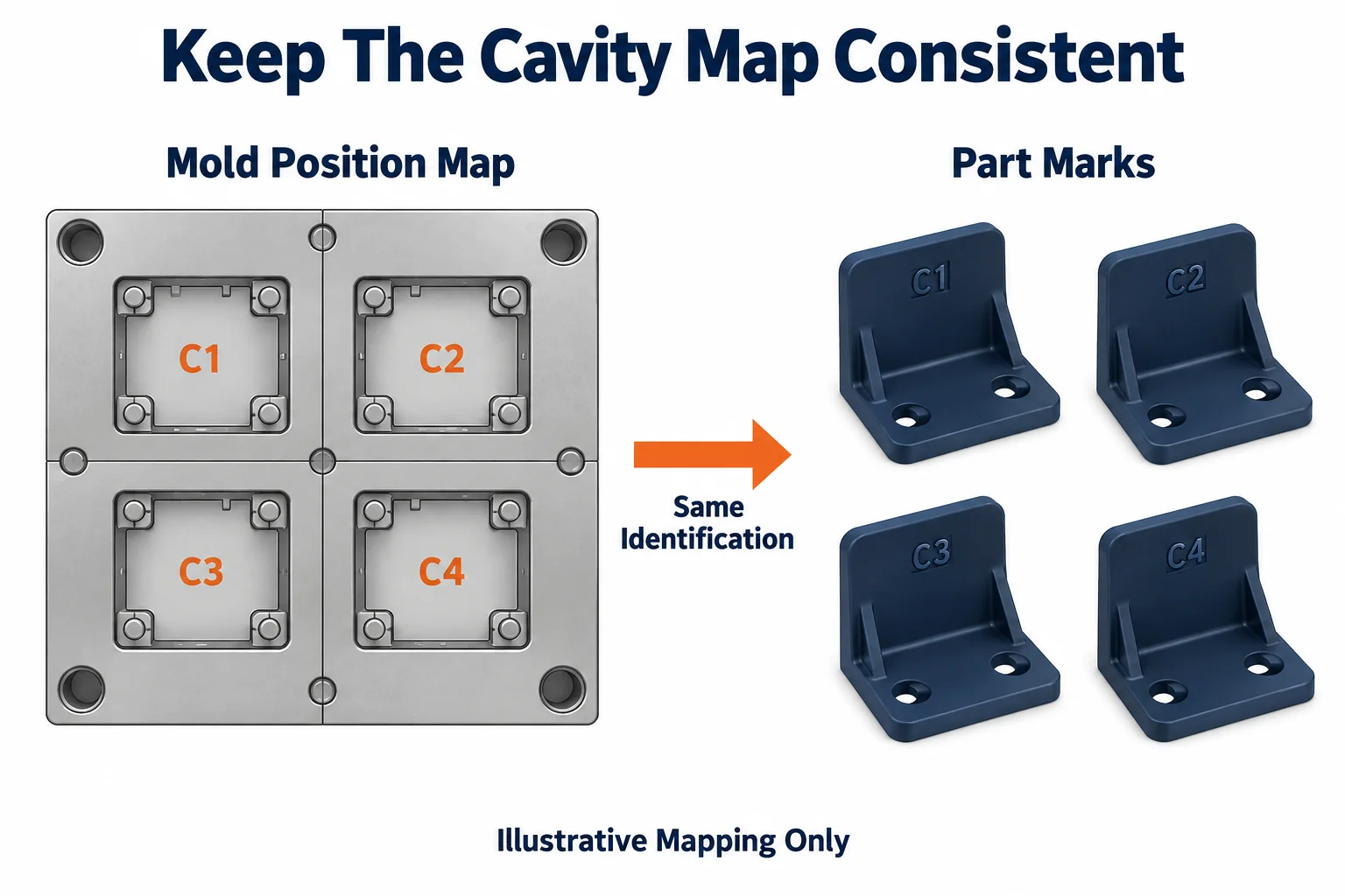 Illustrative four-position cavity map with matching C1 through C4 part identifiers, not an actual mold design.