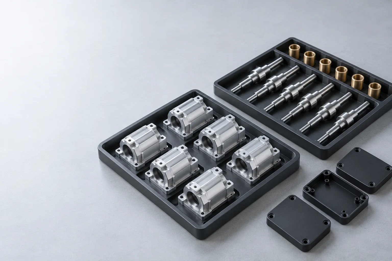 Organized batches of aluminum housings, steel shafts, brass bushings and molded covers in protective trays