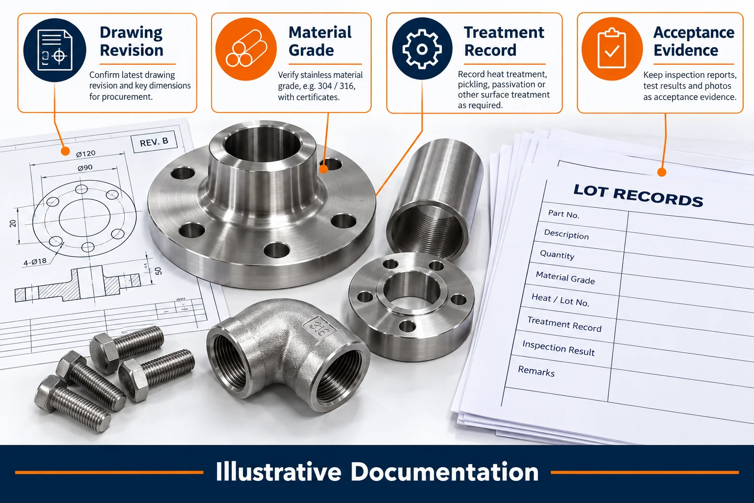 Illustrative stainless components and blank lot records.