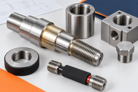 Conceptual threaded shaft, threaded sleeve, machined block, plug gauge, and ring gauge.