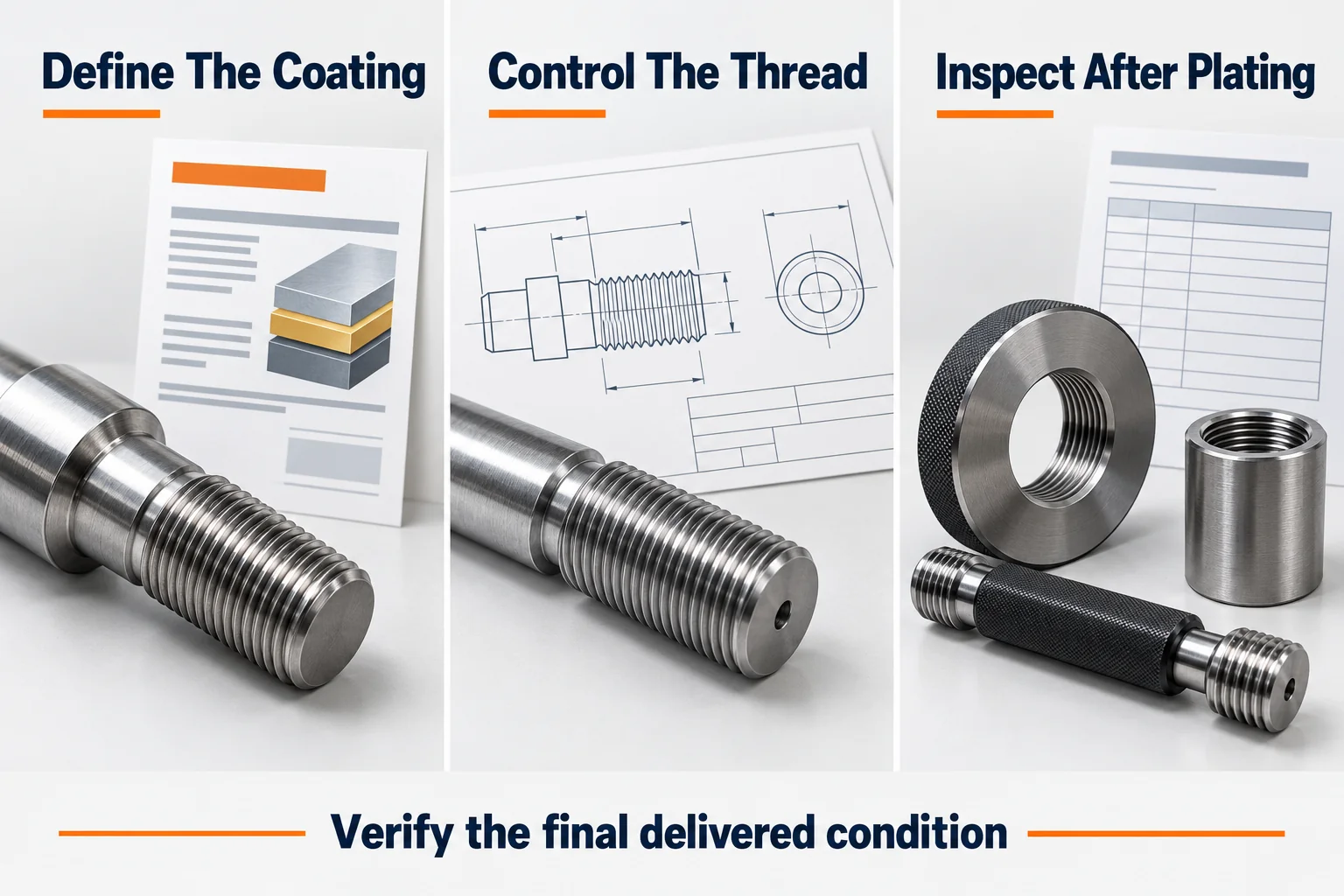 Coating specification, thread control, and final inspection illustrated in three panels.