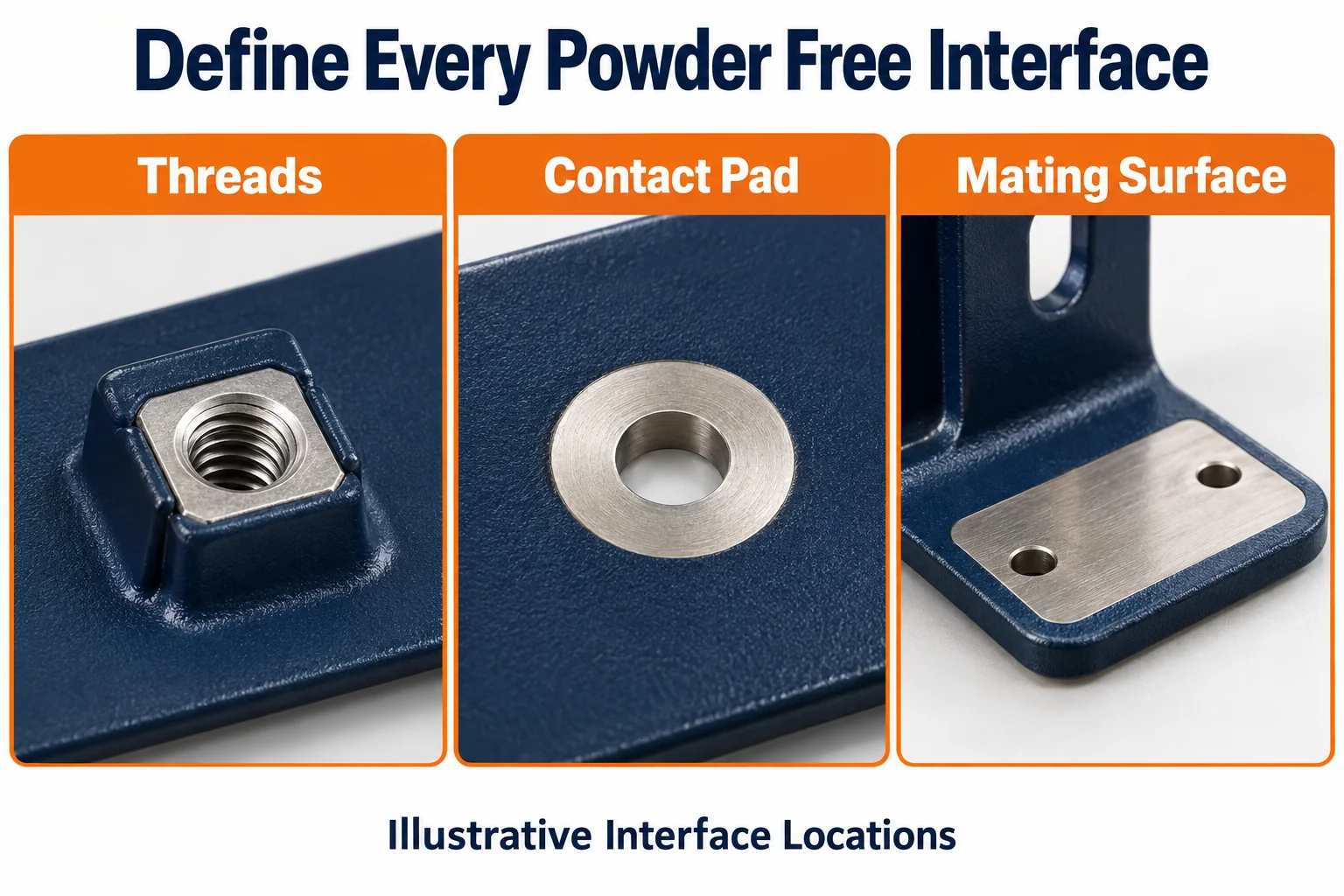 Illustrative protected thread, circular contact area, and mating surface on coated sheet metal.