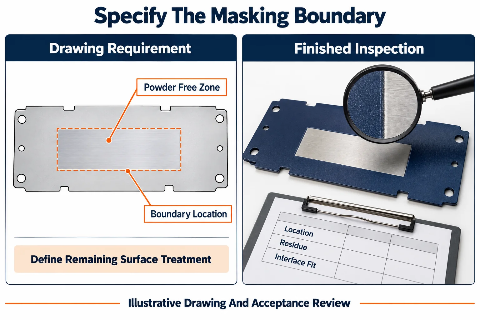 Illustrative masking-zone drawing and finished boundary inspection with no actual test results.