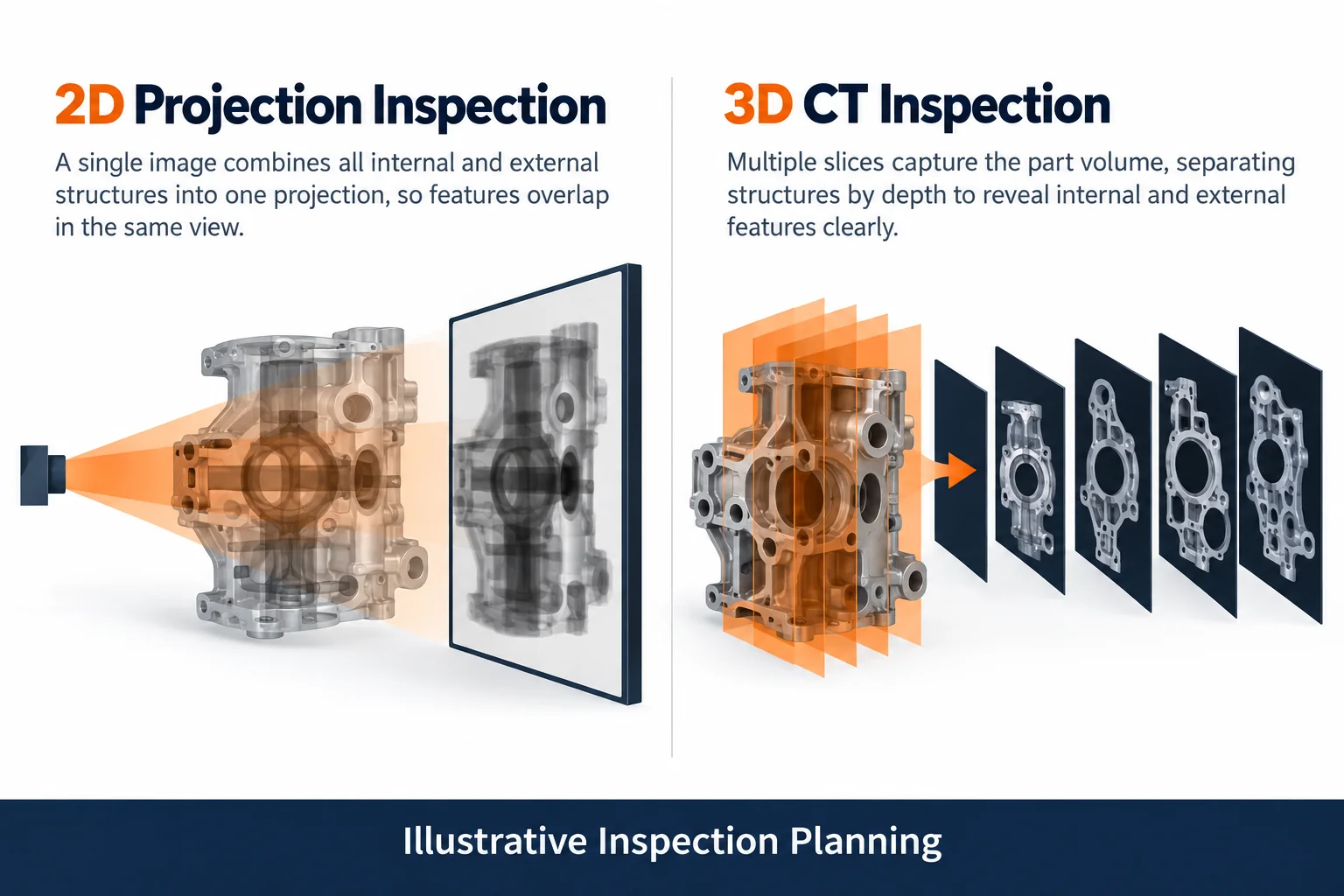 Illustrative projection overlap and CT volume slices.