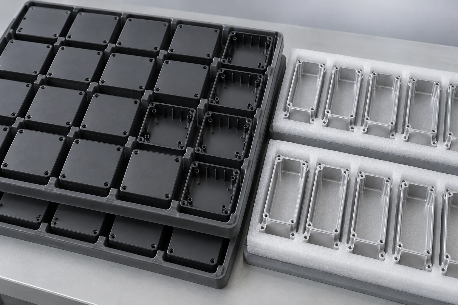 Illustrative organized repeat-production metal and molded components in protective trays