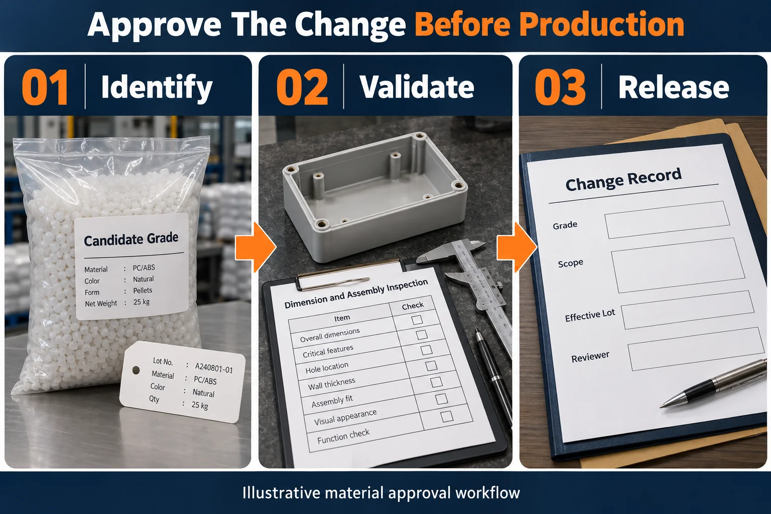 Illustrative material identity, representative trial, and documented release workflow.