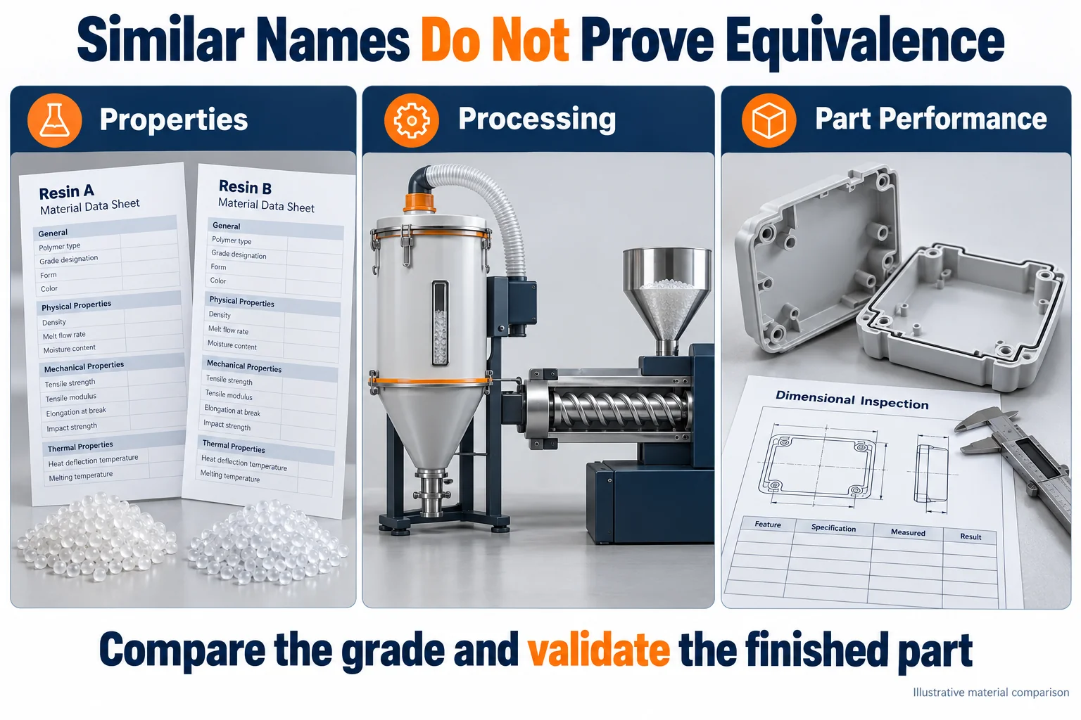 Illustrative comparison of material properties, in lavorazione, and finished-part performance.
