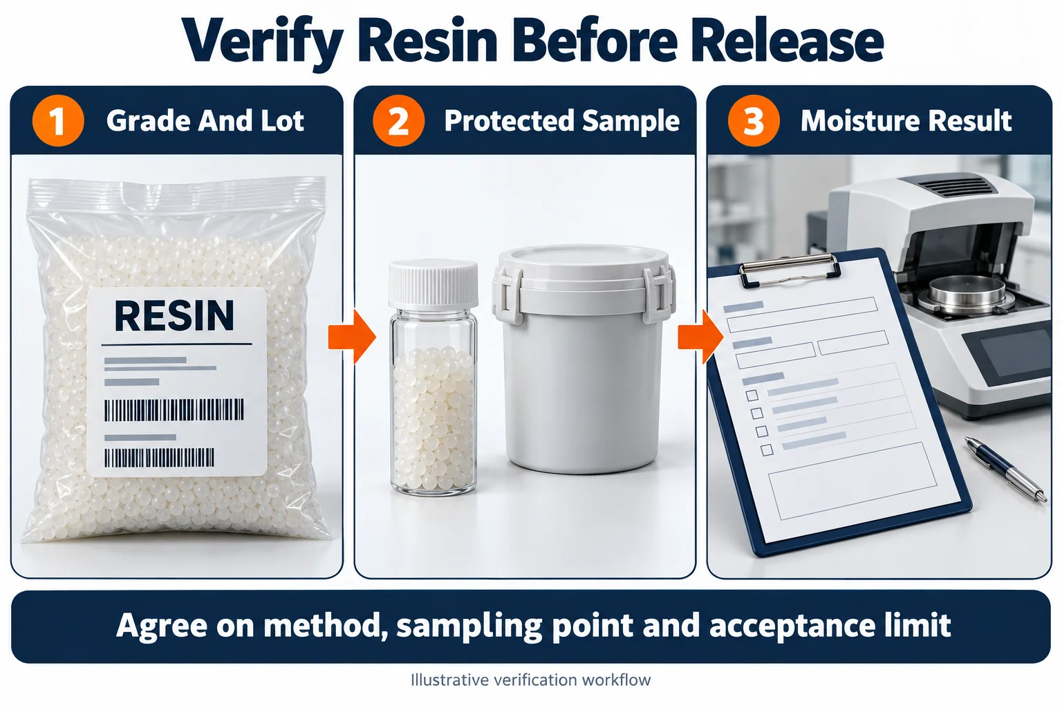 Illustrative resin identification, amostragem protegida, and moisture test recording.