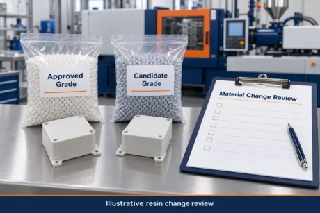Illustrative approved and candidate resin bags with molded parts and a blank change-review record.