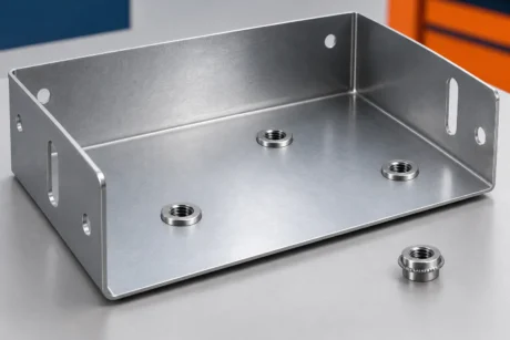 Illustrative sheet-metal tray with captive round clinch nuts and one loose nut.