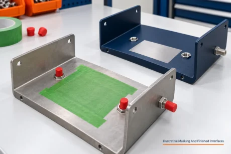 Illustrative sheet metal enclosures before masking removal and after powder coating with protected interfaces.