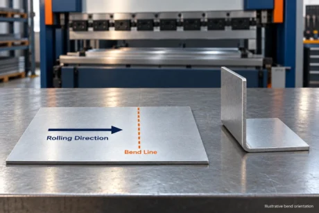 Illustrative metal blank with rolling-direction arrow and perpendicular bend line.