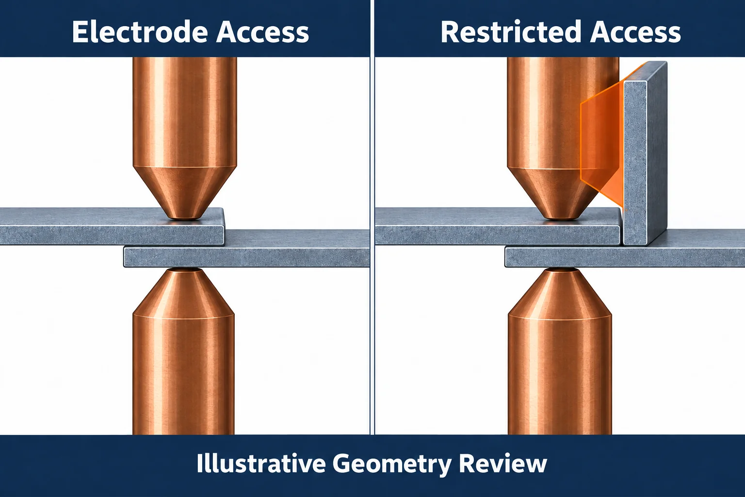 Illustrative electrode access and adjacent flange interference.