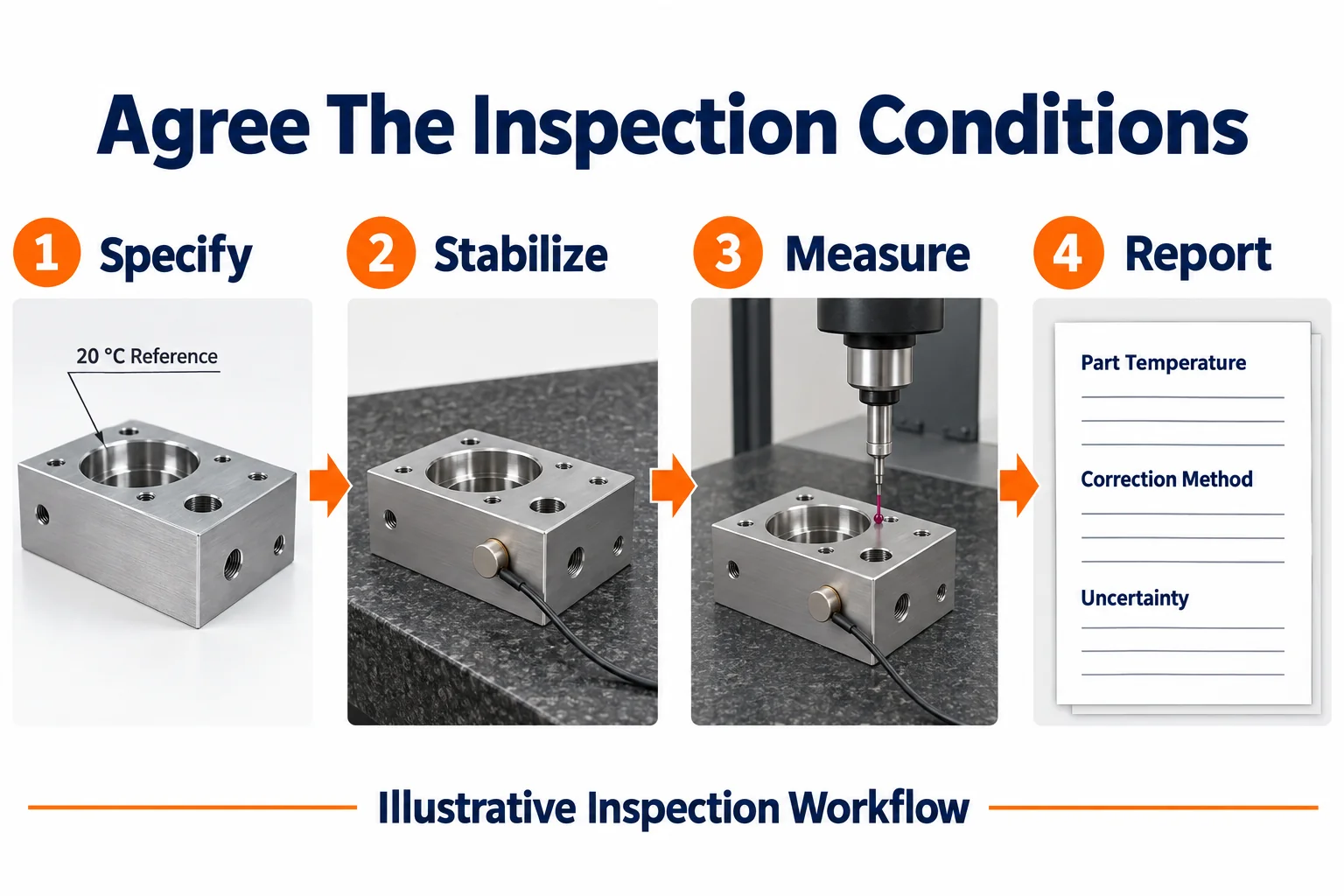 Illustrative reference specification, stabilization, CMM measurement, and inspection reporting workflow.