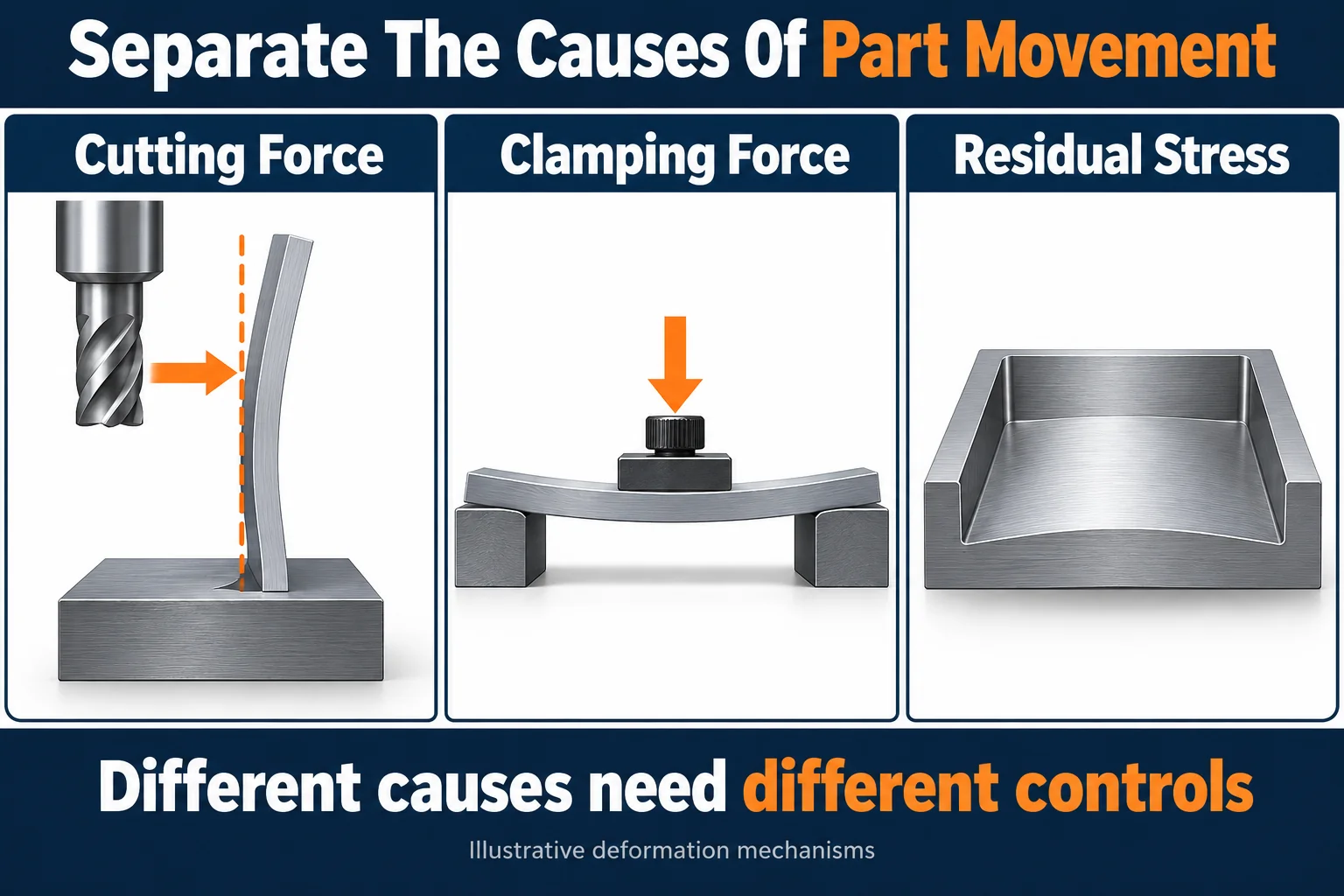Illustrative cutting deflection, clamping deformation, and residual stress distortion with exaggerated movement.