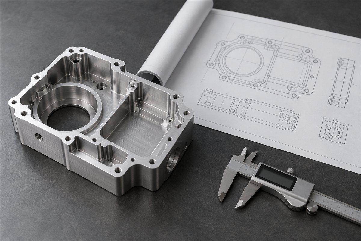 Engineering concept illustration of a machined aluminum housing, matching drawing and caliper
