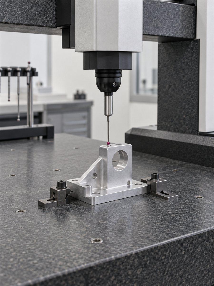 Illustrative CMM touch probe inspecting an aluminum bracket on a granite table