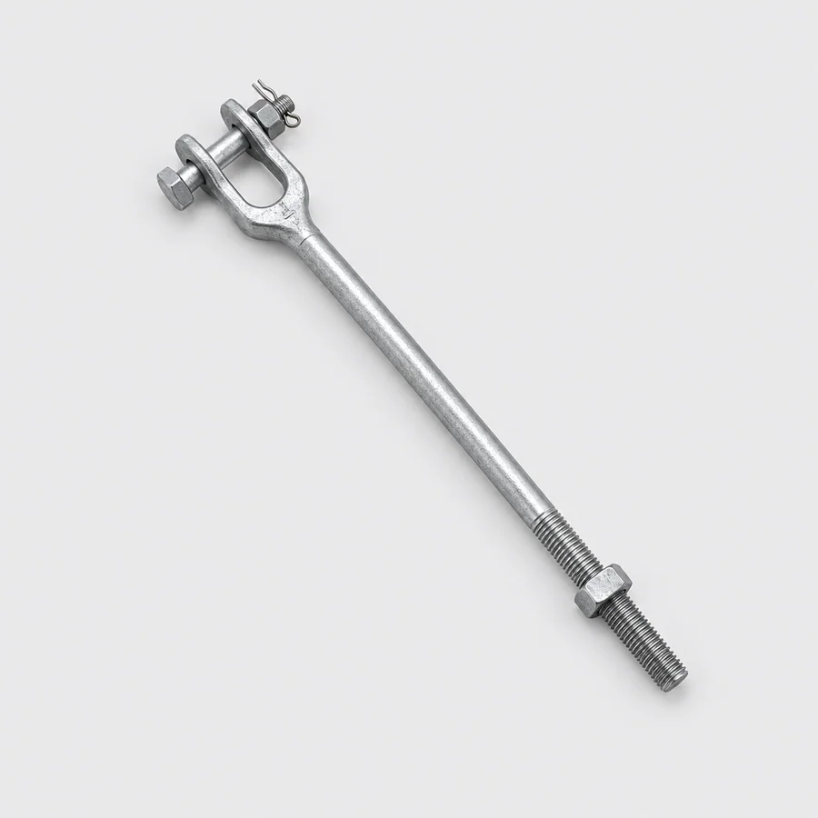 Illustration of an adjustable clevis rod assembly with threaded end and nut