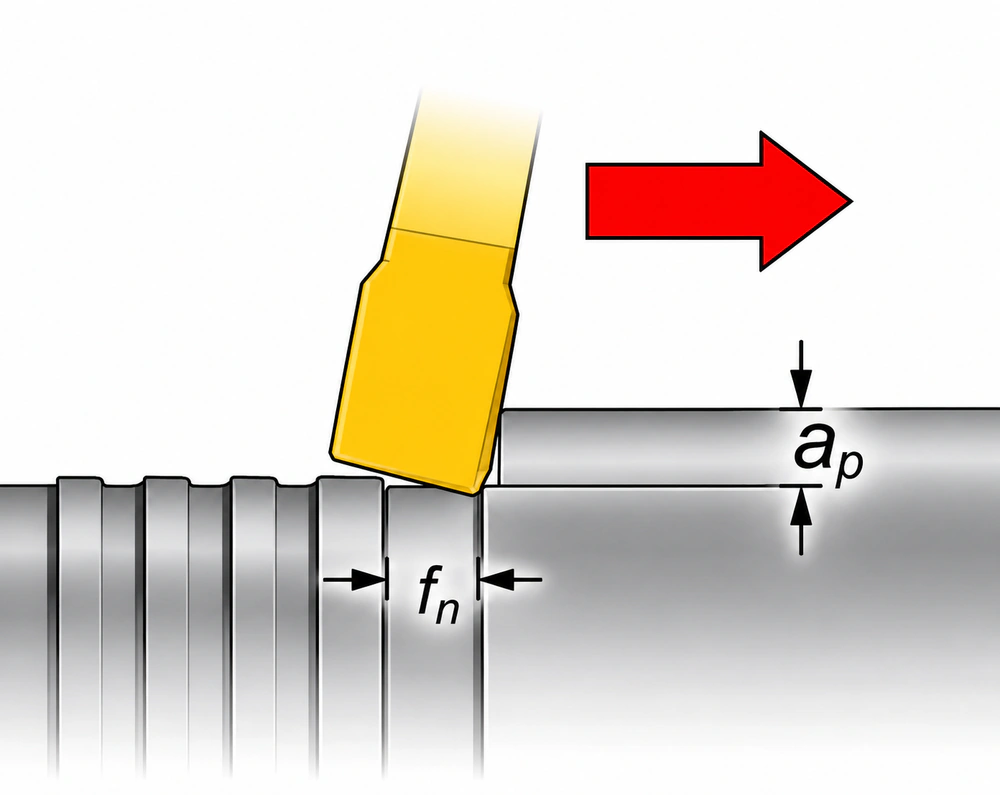 External grooving diagram with radial depth a_p and feed f_n