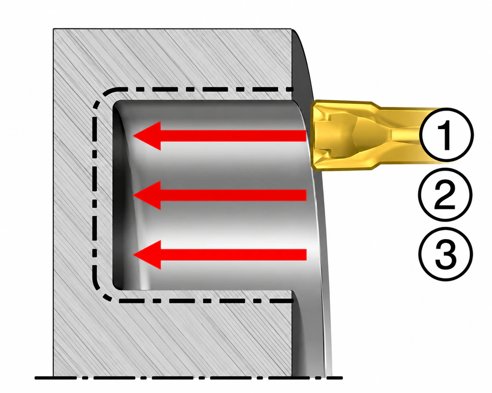 Face grooving diagram with axial feed arrows and numbered passes