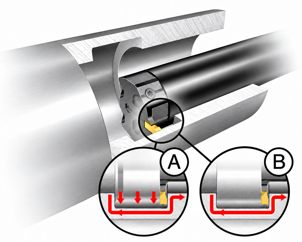 Internal grooving cutaway with cutting insert and magnified toolpath insets