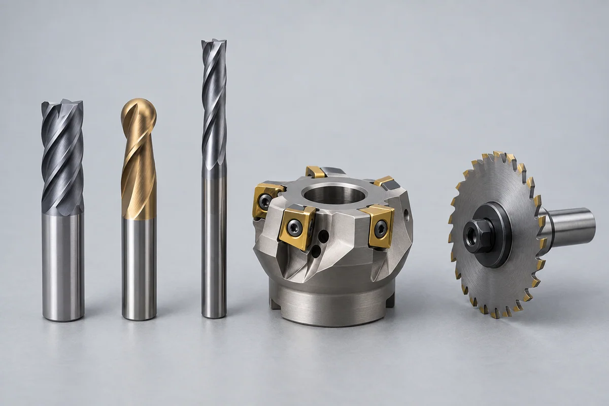 Editorial illustration of end mills, ball nose mill, face mill and slitting saw