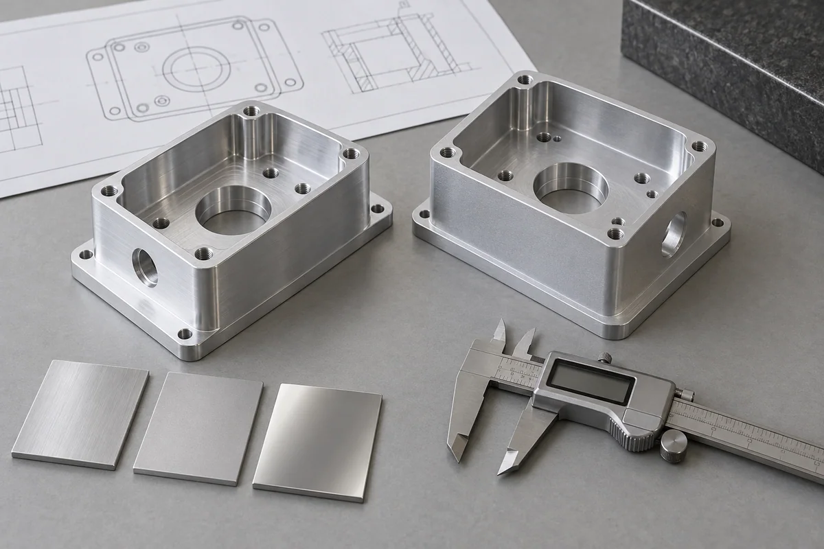 Concept illustration of machined sample housings, finish coupons and caliper for supplier review